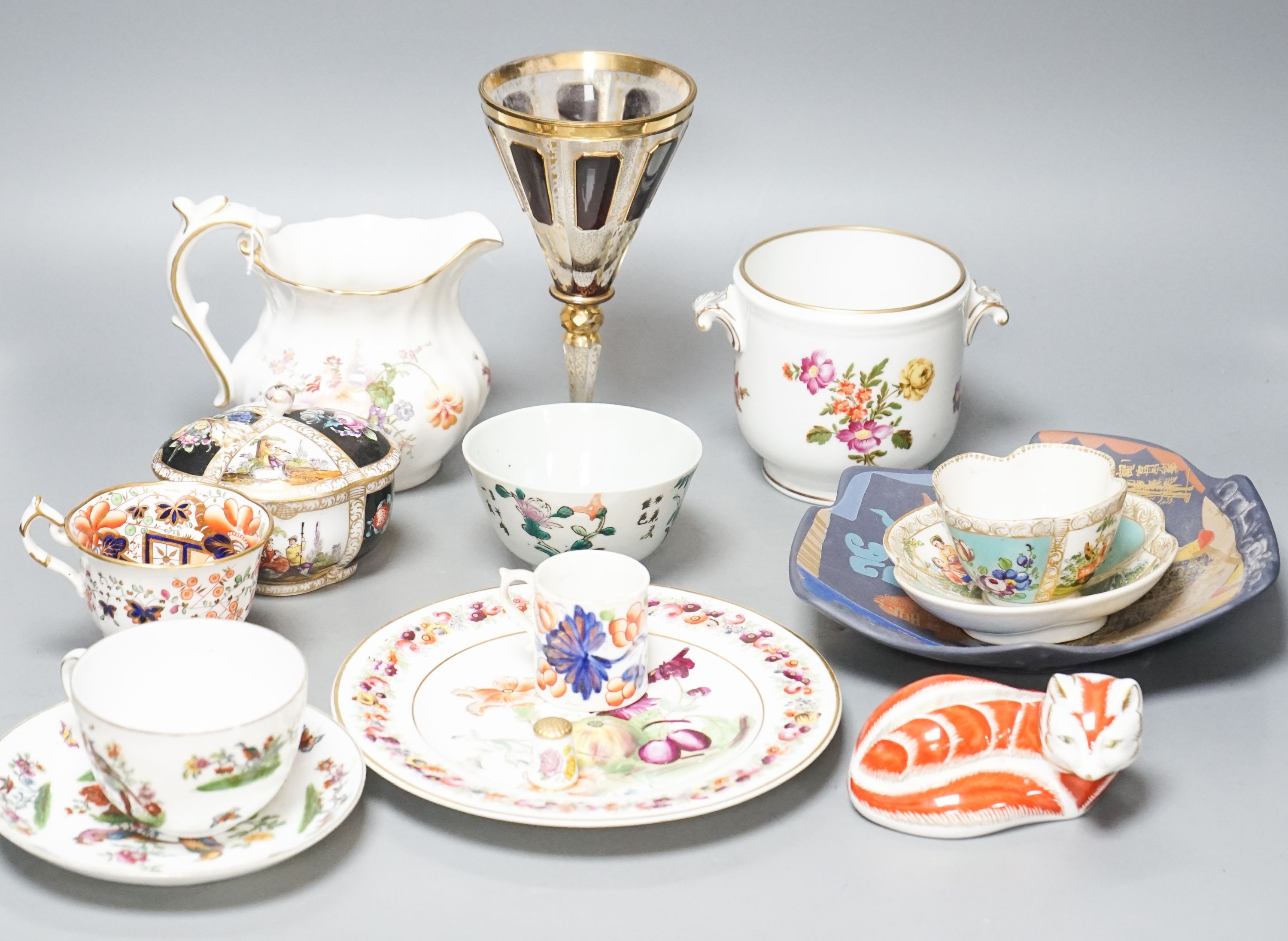 A group of Continental ceramics, a Bohemian glass goblet and Royal Crown Derby items
